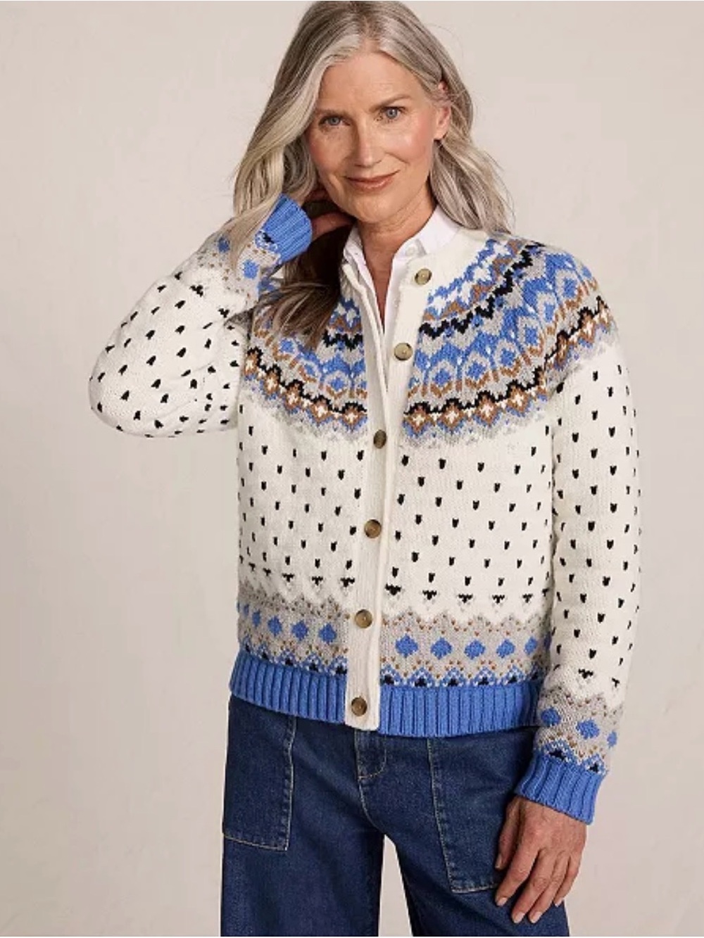 Lands end Women's Lofty Birdseye Fair Isle Cardigan Sweater large